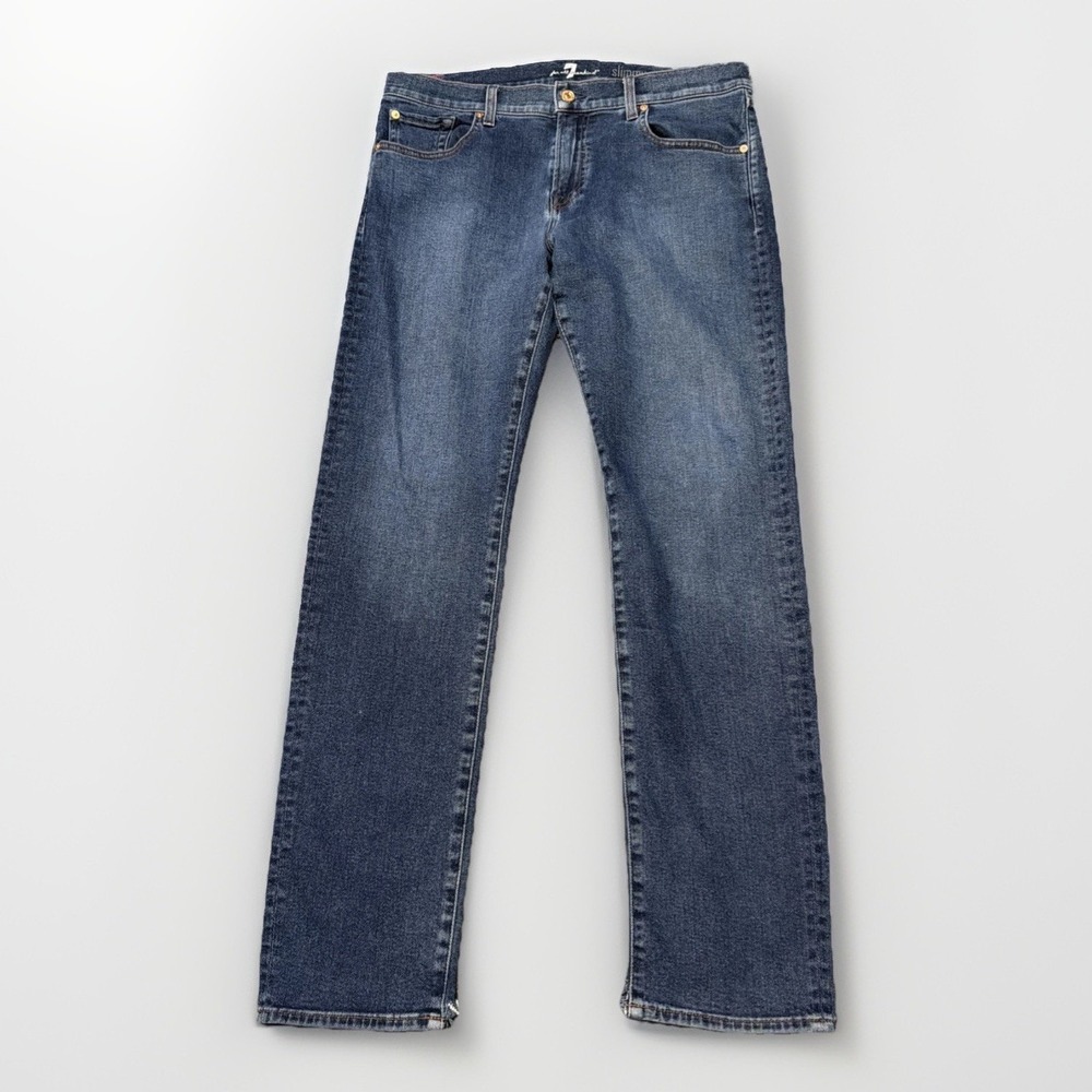 7‎ For All Mankind Jeans Mens 34x32 Blue Denim Slim Straight Slimmy Dark Wash